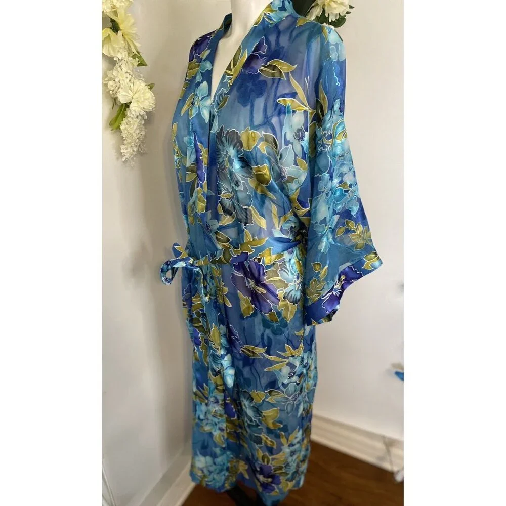 Vintage California Dynasty Blue Semi‎ Sheer Floral Long Robe Medium Pockets EUC